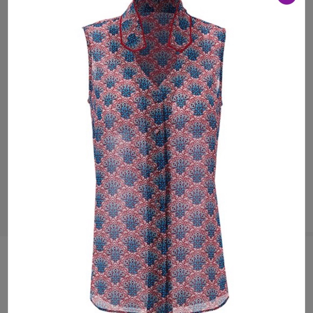 Cabi Navy Moroccan Geo Fan Sleeveless Button Up